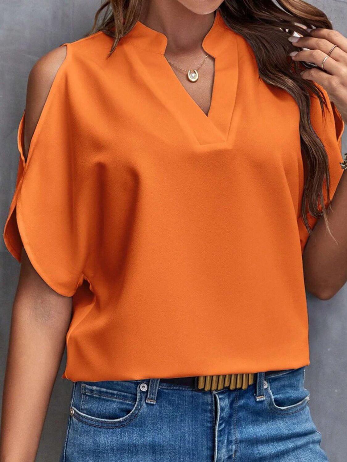 Notched Cold Shoulder Half Sleeve Blouse - TayDiane