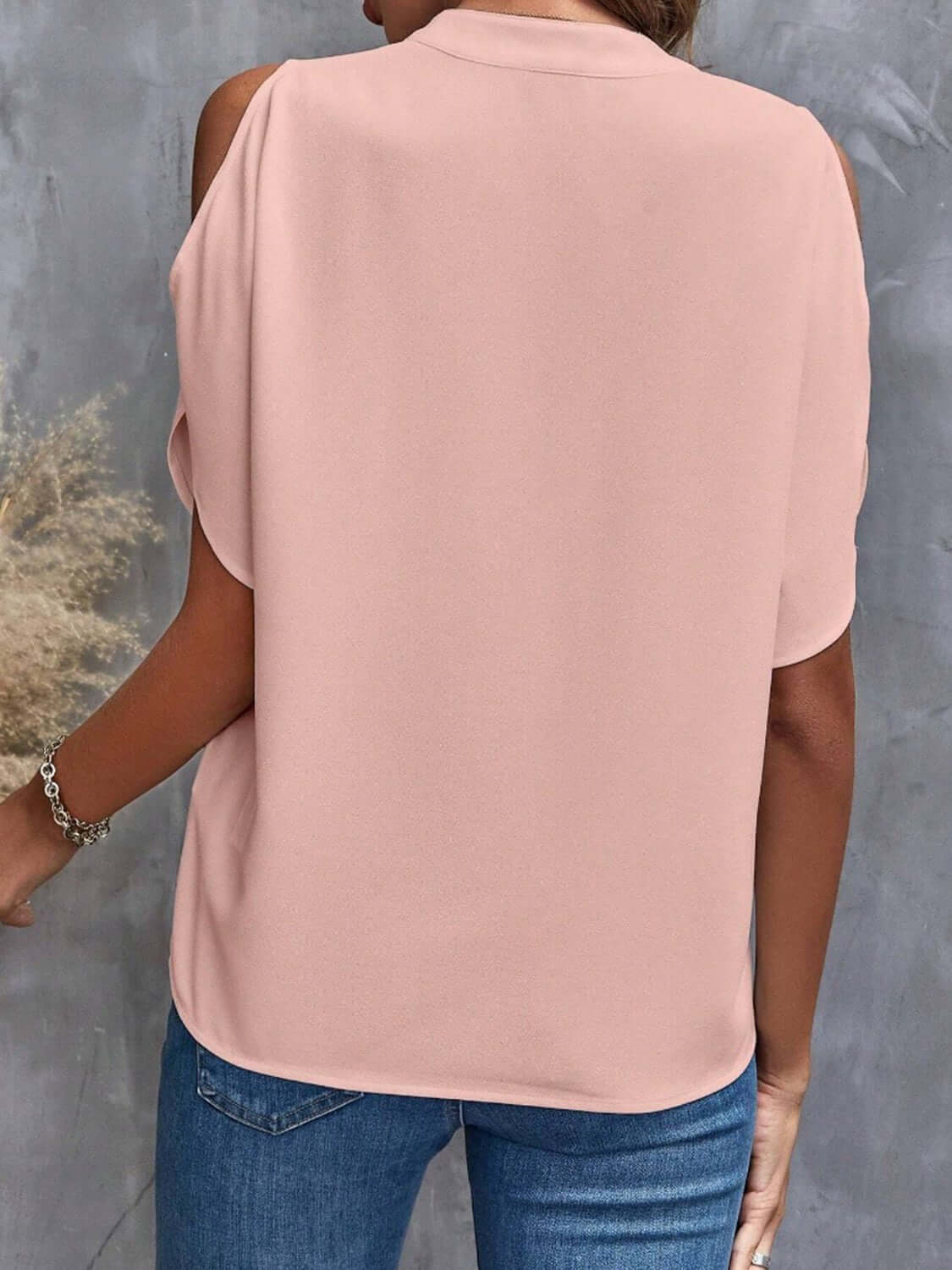 Notched Cold Shoulder Half Sleeve Blouse - TayDiane