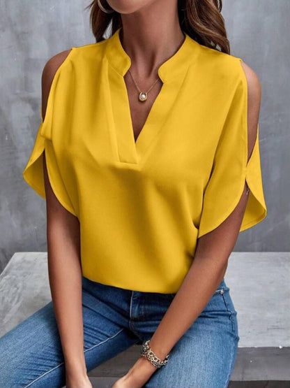 Notched Cold Shoulder Half Sleeve Blouse - TayDiane