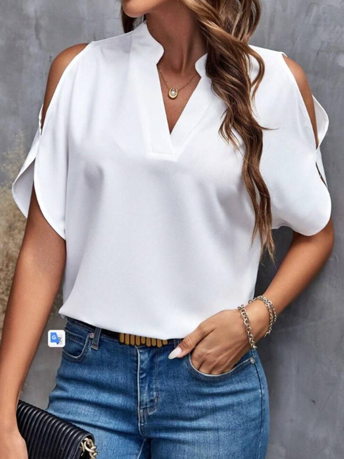 Notched Cold Shoulder Half Sleeve Blouse - TayDiane