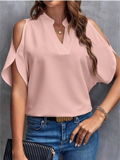 Notched Cold Shoulder Half Sleeve Blouse - TayDiane