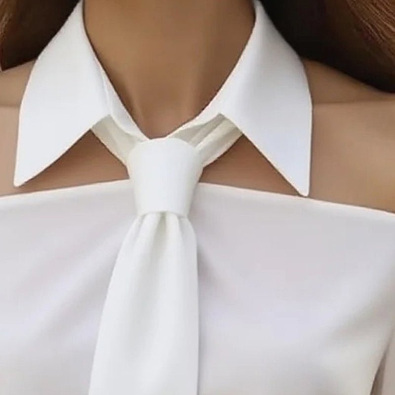 Off - Shoulder Collared Tie Blouse - TayDiane