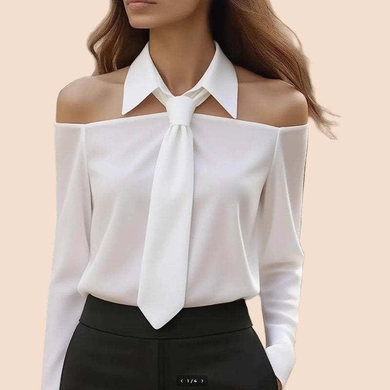 Off - Shoulder Collared Tie Blouse - TayDiane