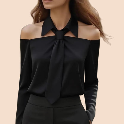 Off - Shoulder Collared Tie Blouse - TayDiane