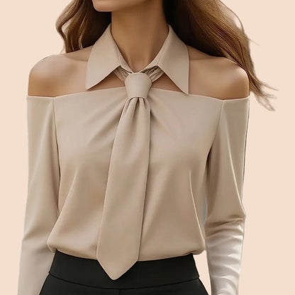 Off - Shoulder Collared Tie Blouse - TayDiane