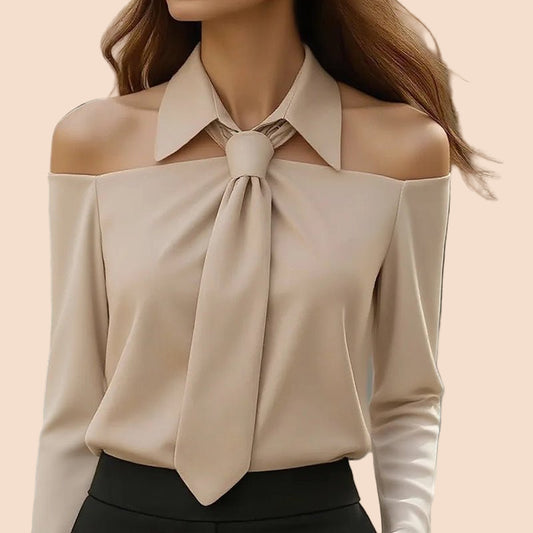Off - Shoulder Collared Tie Blouse - TayDiane