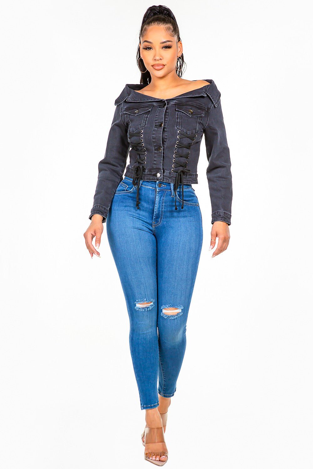 Off Shoulder Lace Up Denim Jacket - TayDiane