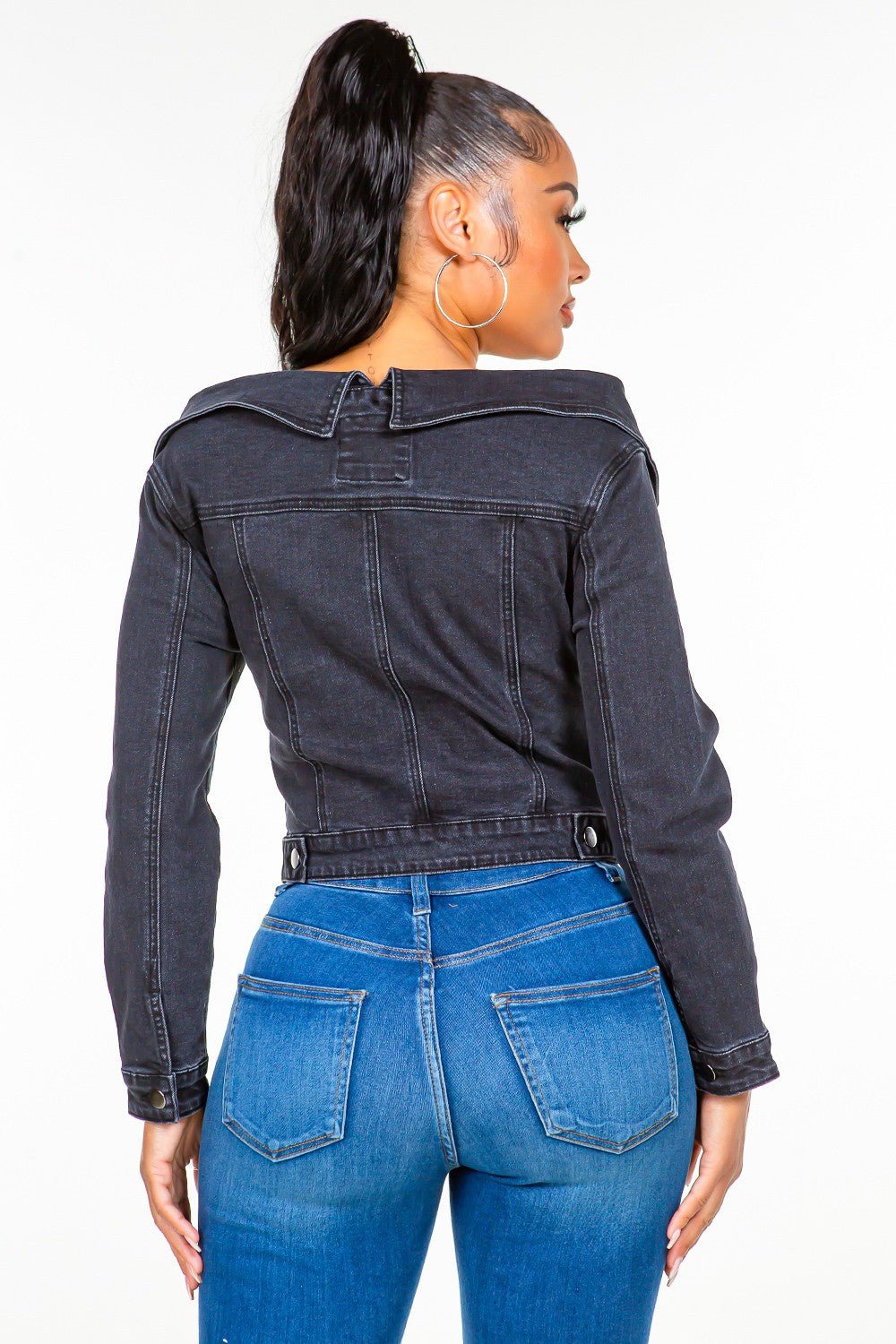 Off Shoulder Lace Up Denim Jacket - TayDiane