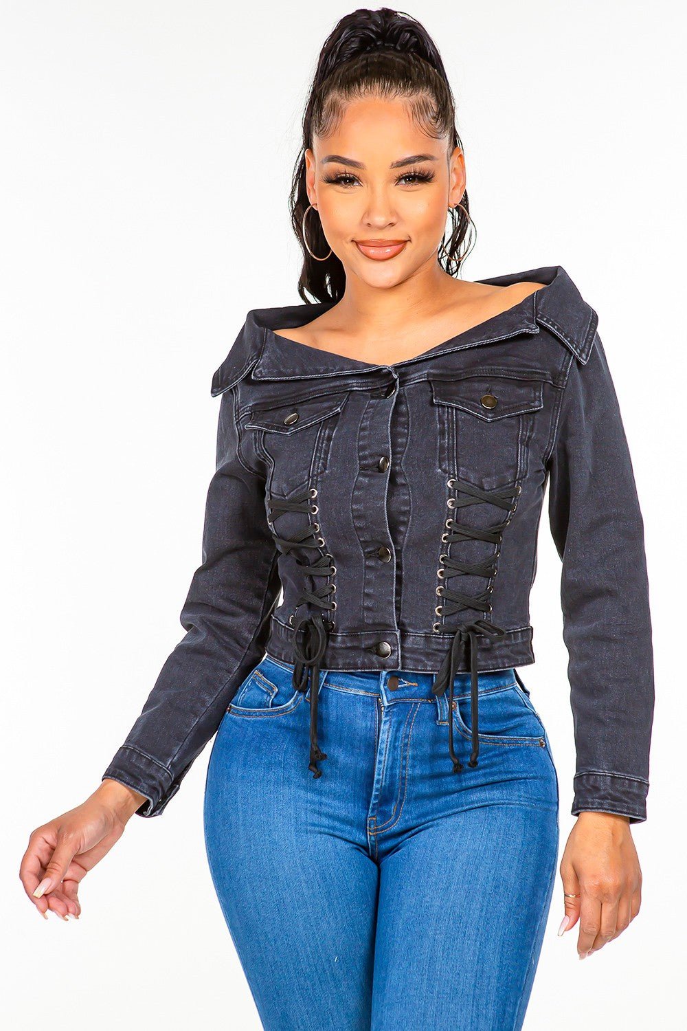 Off Shoulder Lace Up Denim Jacket - TayDiane