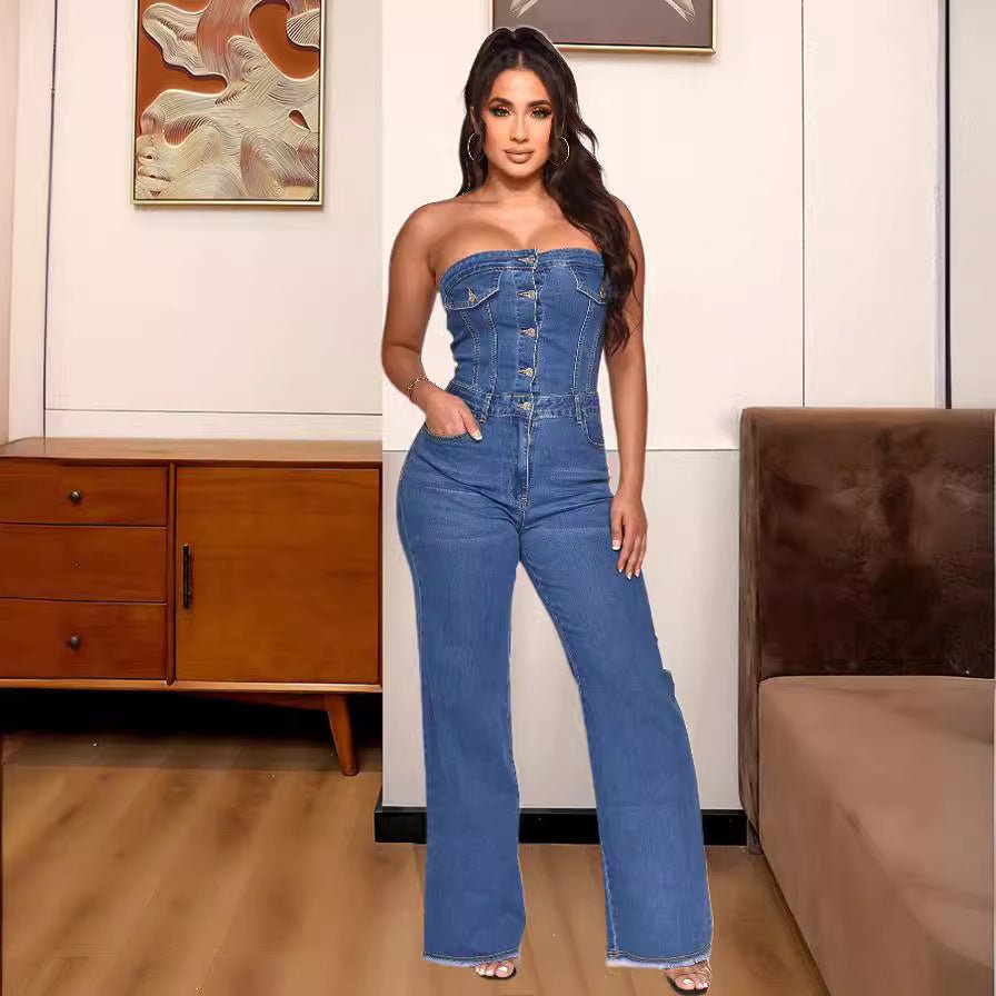 Off Shoulder Slightly Flared Denim Jumpsuit - TayDiane