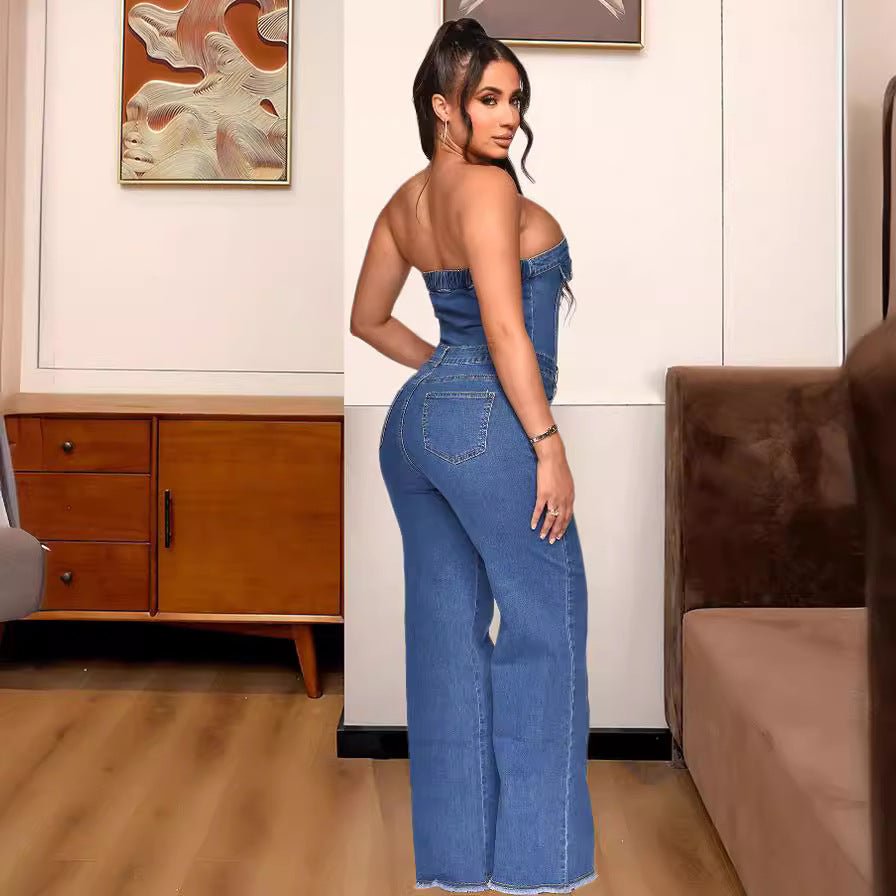 Off Shoulder Slightly Flared Denim Jumpsuit - TayDiane