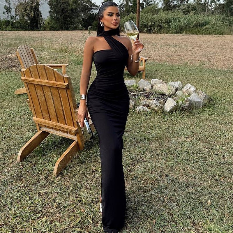 One Shoulder Halter Backless Maxi Dress - TayDiane