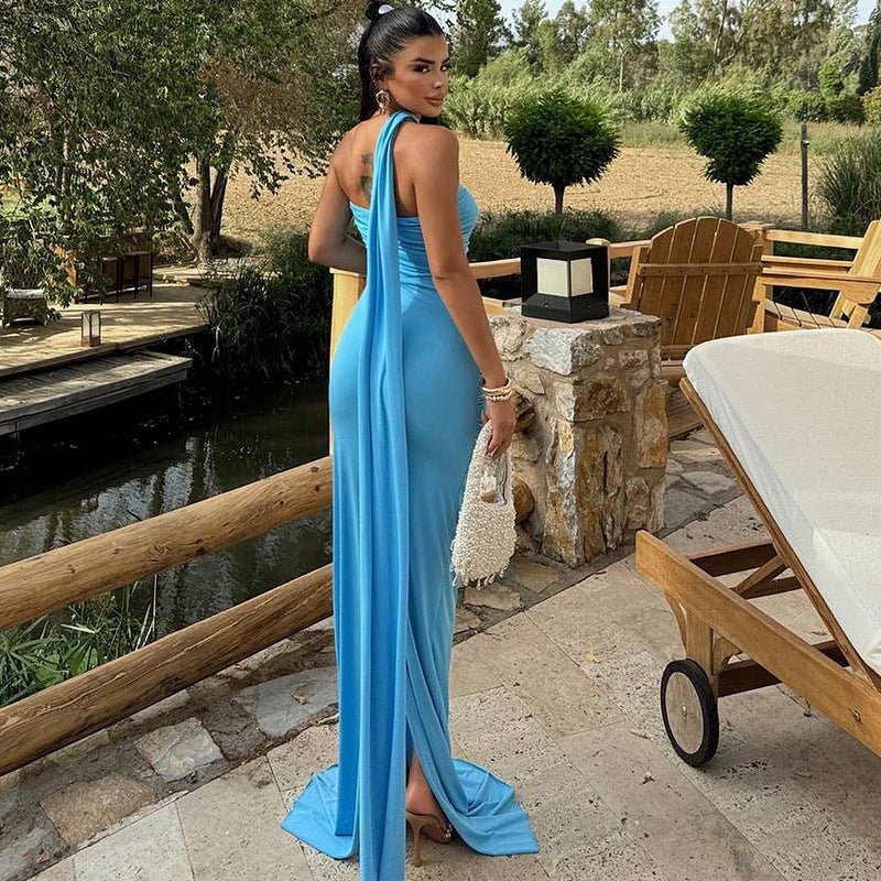 One Shoulder Halter Backless Maxi Dress - TayDiane