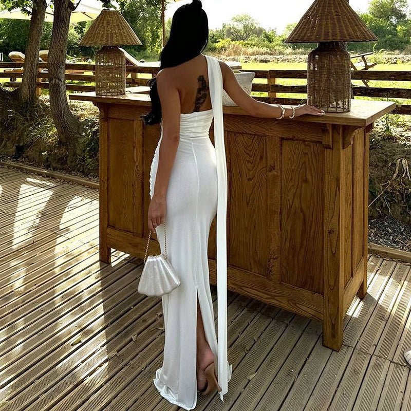 One Shoulder Halter Backless Maxi Dress - TayDiane