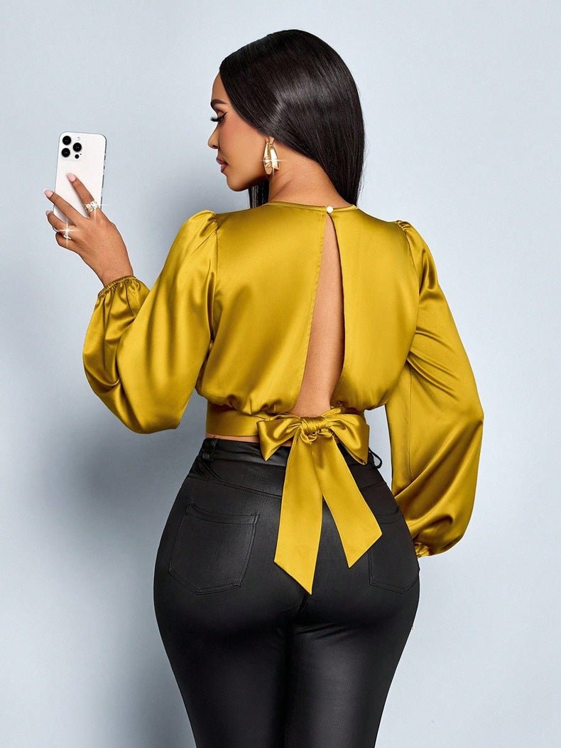 Open - Back Satin Bow Blouse - Taydiane