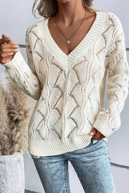 Openwork V - Neck Long Sleeve Sweater - TayDiane