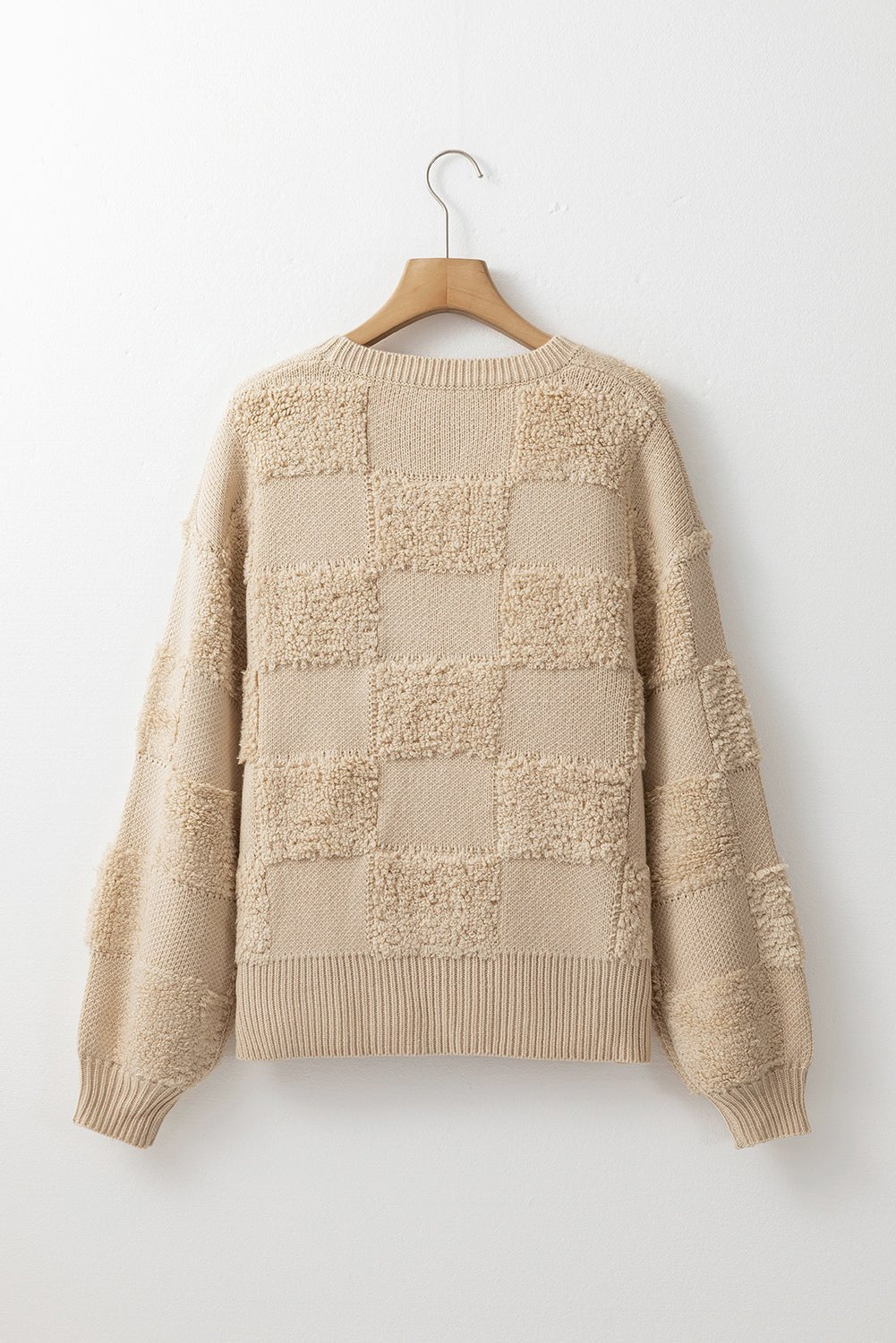 Parchment Checkered Sherpa Crew Neck Loose Sweater - TayDiane