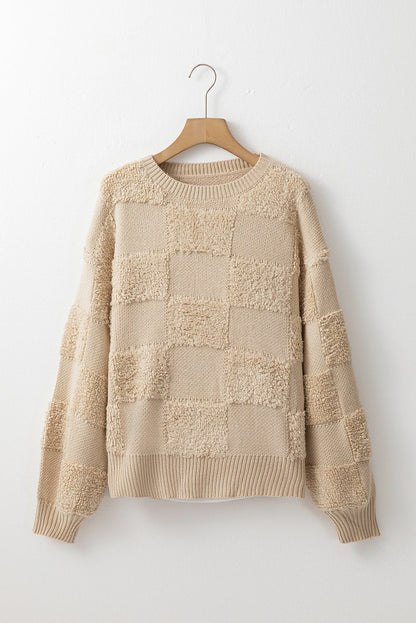 Parchment Checkered Sherpa Crew Neck Loose Sweater - TayDiane