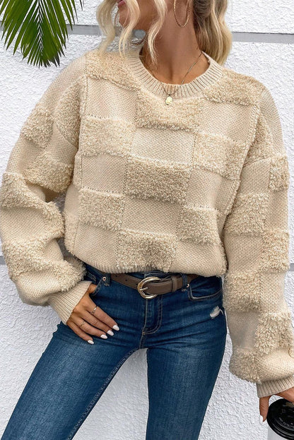 Parchment Checkered Sherpa Crew Neck Loose Sweater - TayDiane