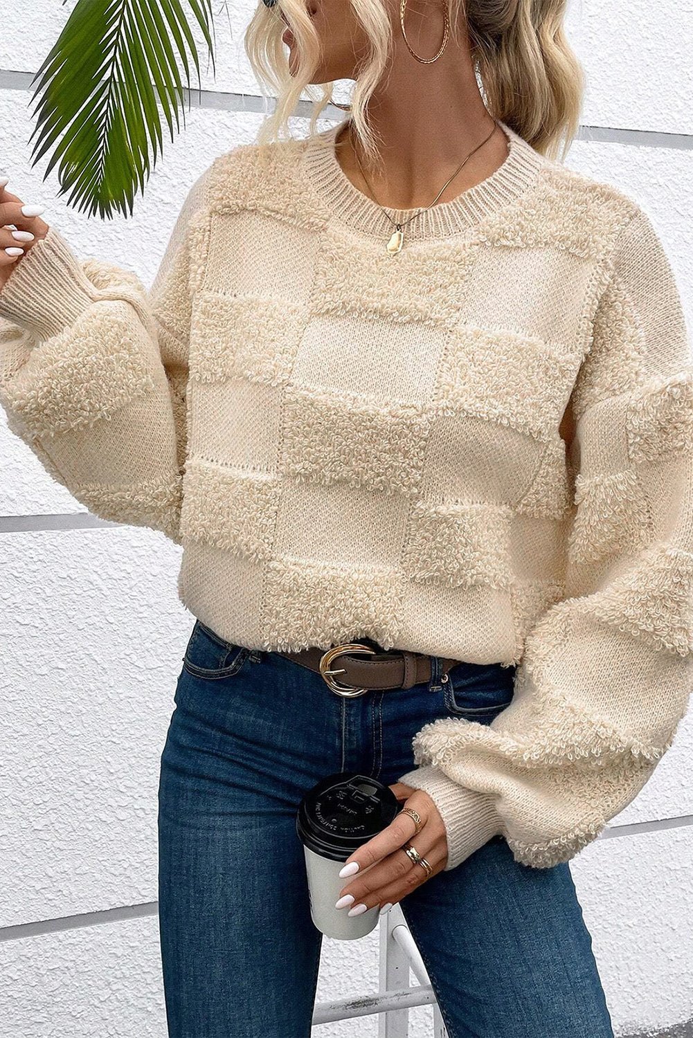 Parchment Checkered Sherpa Crew Neck Loose Sweater - TayDiane