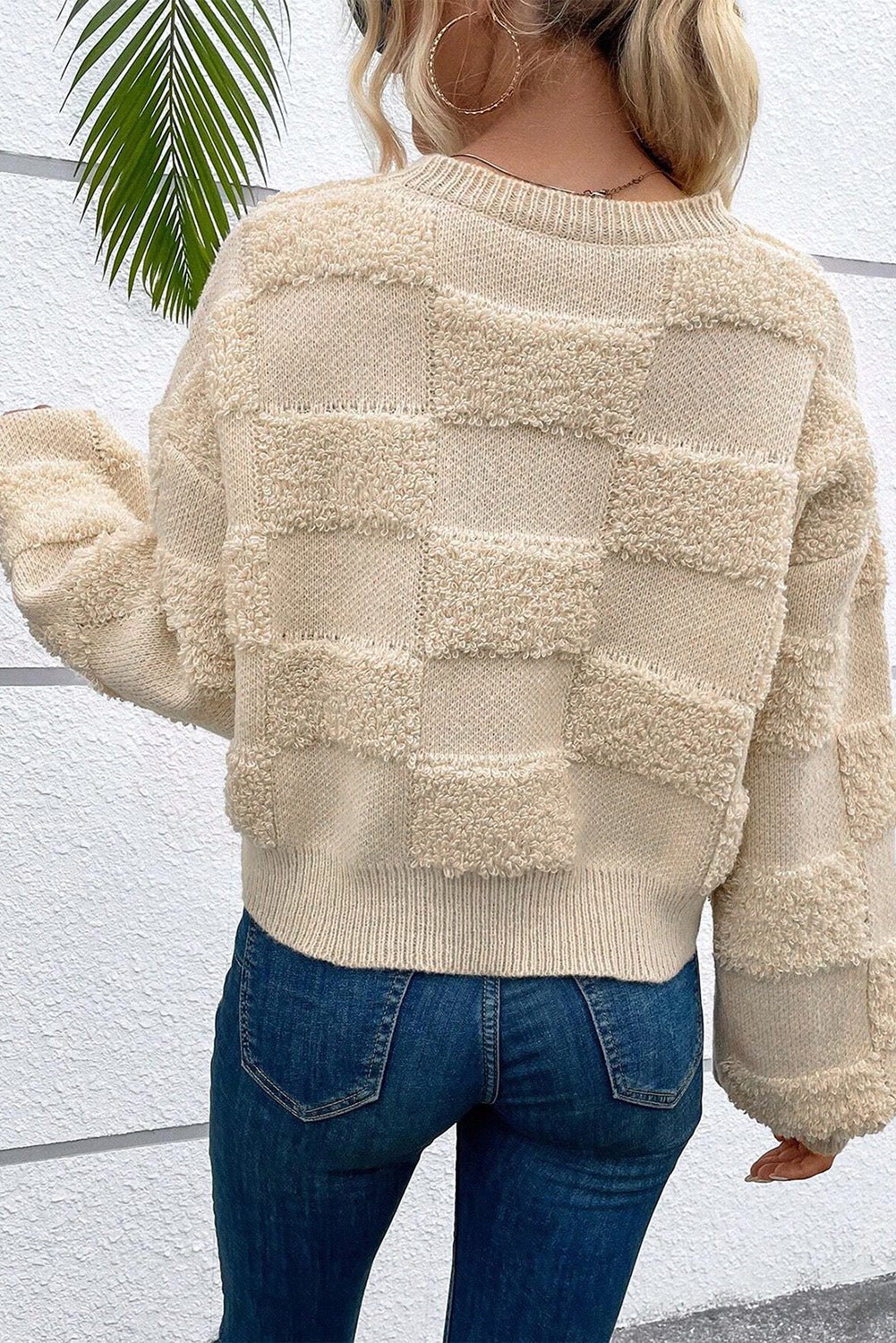 Parchment Checkered Sherpa Crew Neck Loose Sweater - TayDiane