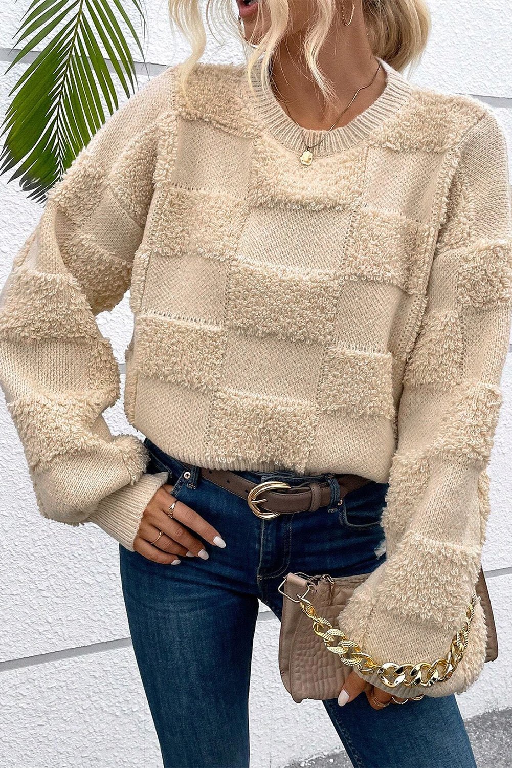 Parchment Checkered Sherpa Crew Neck Loose Sweater - TayDiane