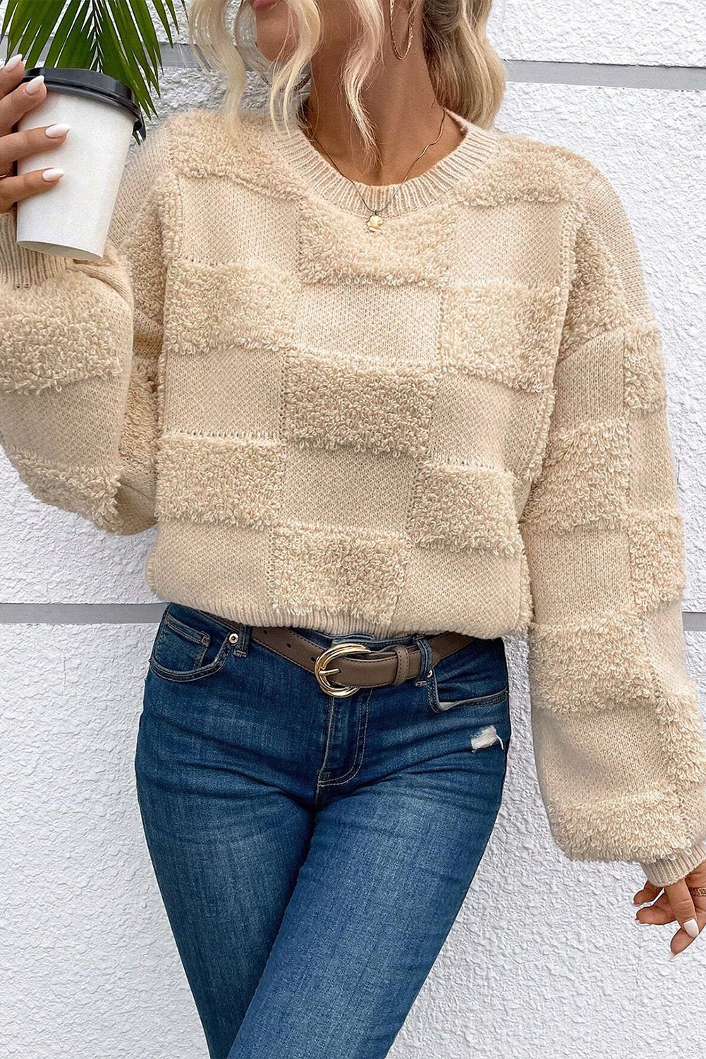 Parchment Checkered Sherpa Crew Neck Loose Sweater - TayDiane