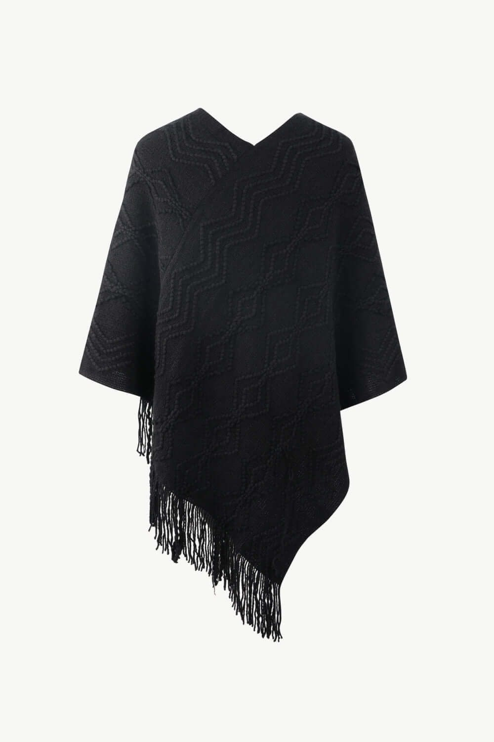 Pearl Trim V - Neck Fringe Hem Poncho - TayDiane