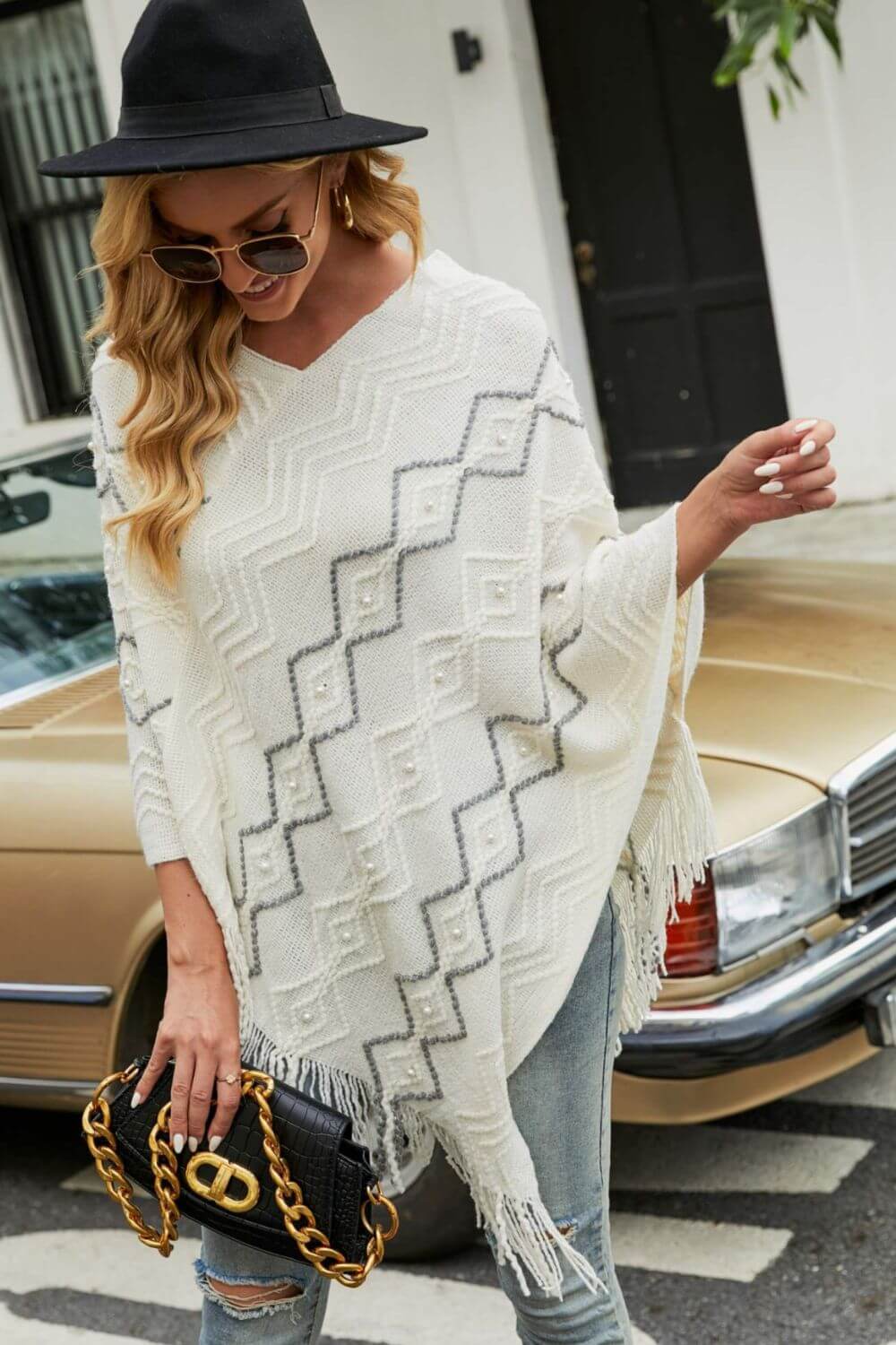 Pearl Trim V - Neck Fringe Hem Poncho - TayDiane