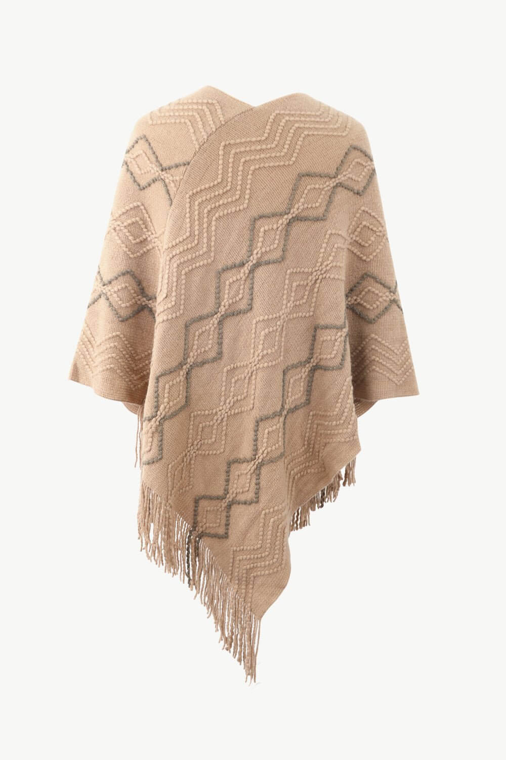 Pearl Trim V - Neck Fringe Hem Poncho - TayDiane