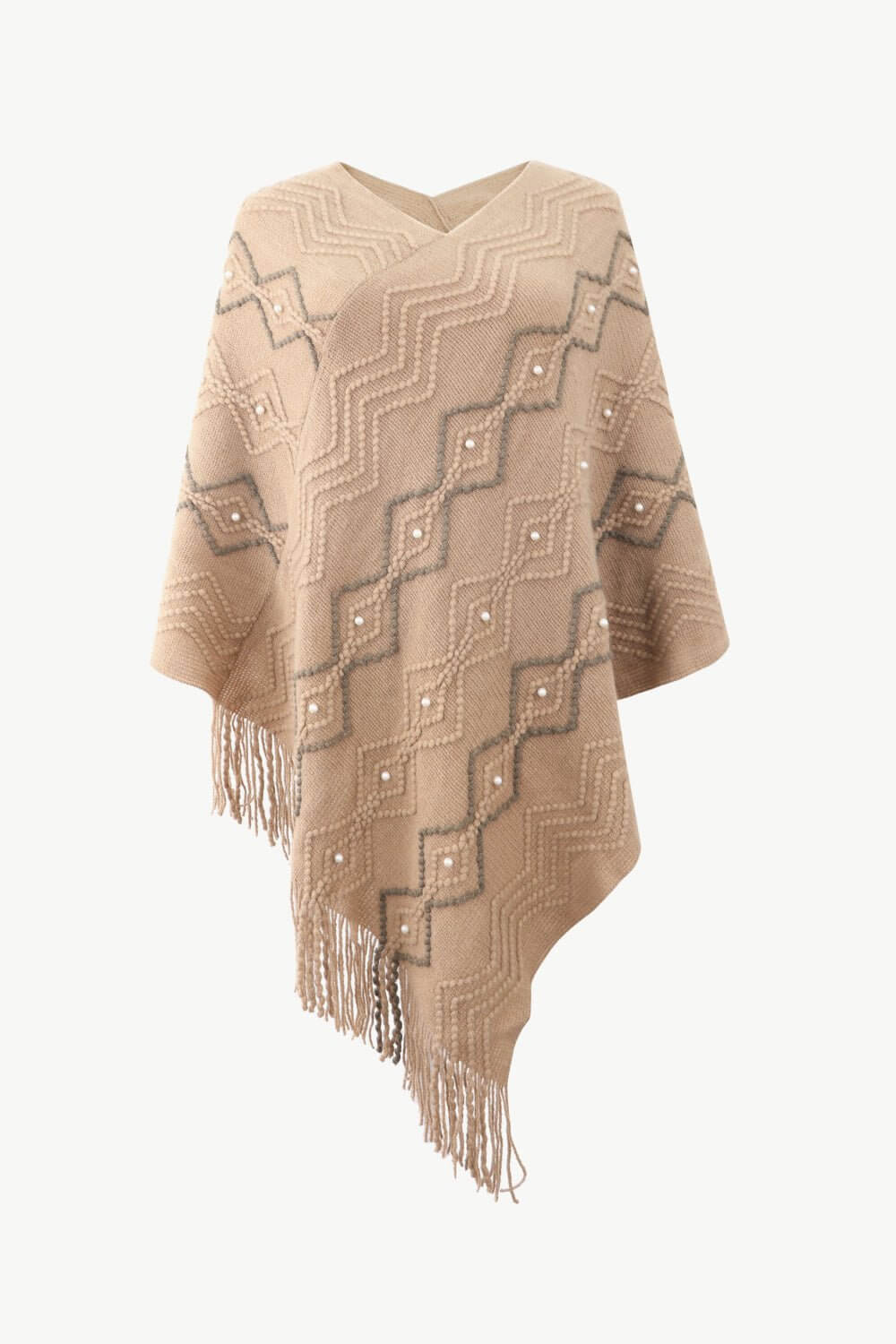 Pearl Trim V - Neck Fringe Hem Poncho - TayDiane