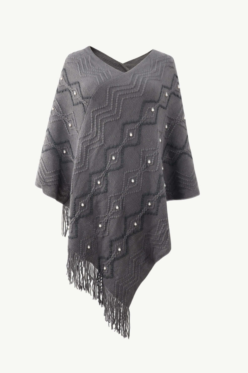 Pearl Trim V - Neck Fringe Hem Poncho - TayDiane