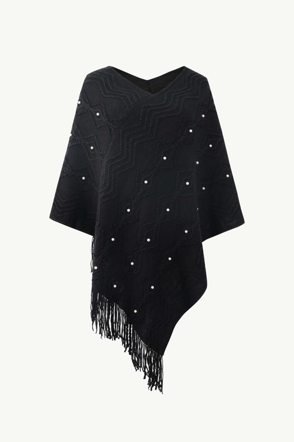 Pearl Trim V - Neck Fringe Hem Poncho - TayDiane