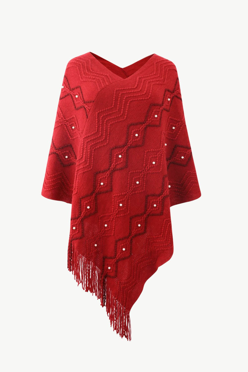 Pearl Trim V - Neck Fringe Hem Poncho - TayDiane