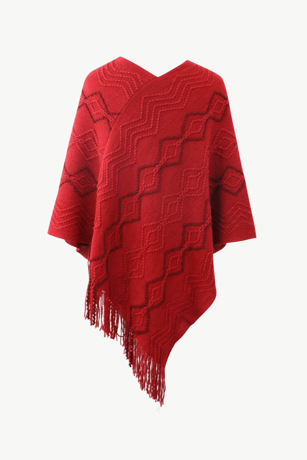 Pearl Trim V - Neck Fringe Hem Poncho - TayDiane