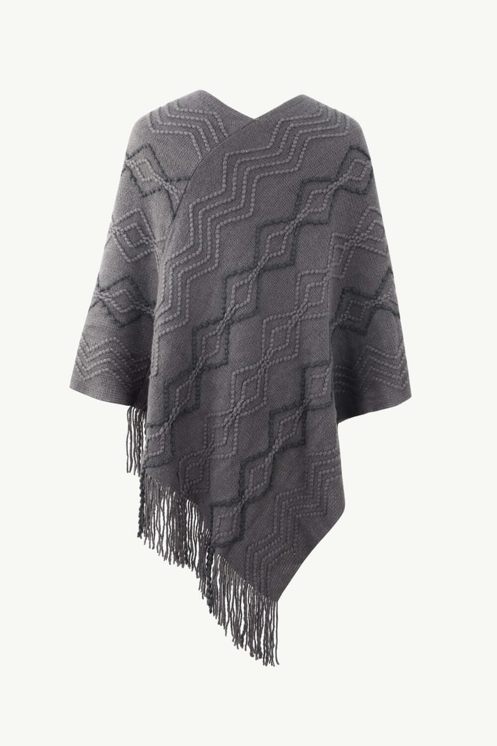 Pearl Trim V - Neck Fringe Hem Poncho - TayDiane