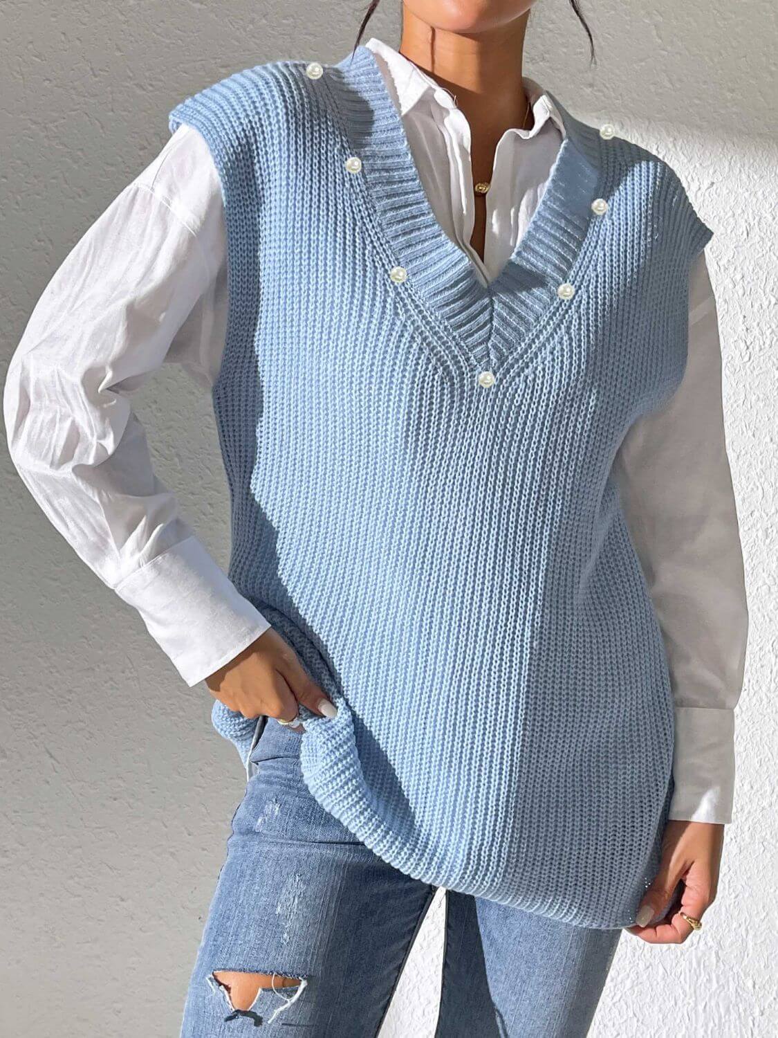 Pearl Trim V - Neck Sweater Vest - TayDiane