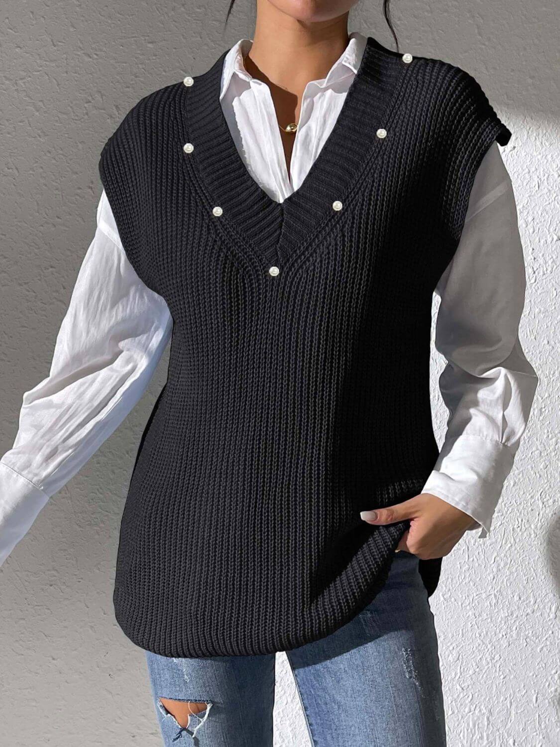 Pearl Trim V - Neck Sweater Vest - TayDiane