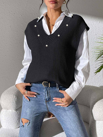 Pearl Trim V - Neck Sweater Vest - TayDiane