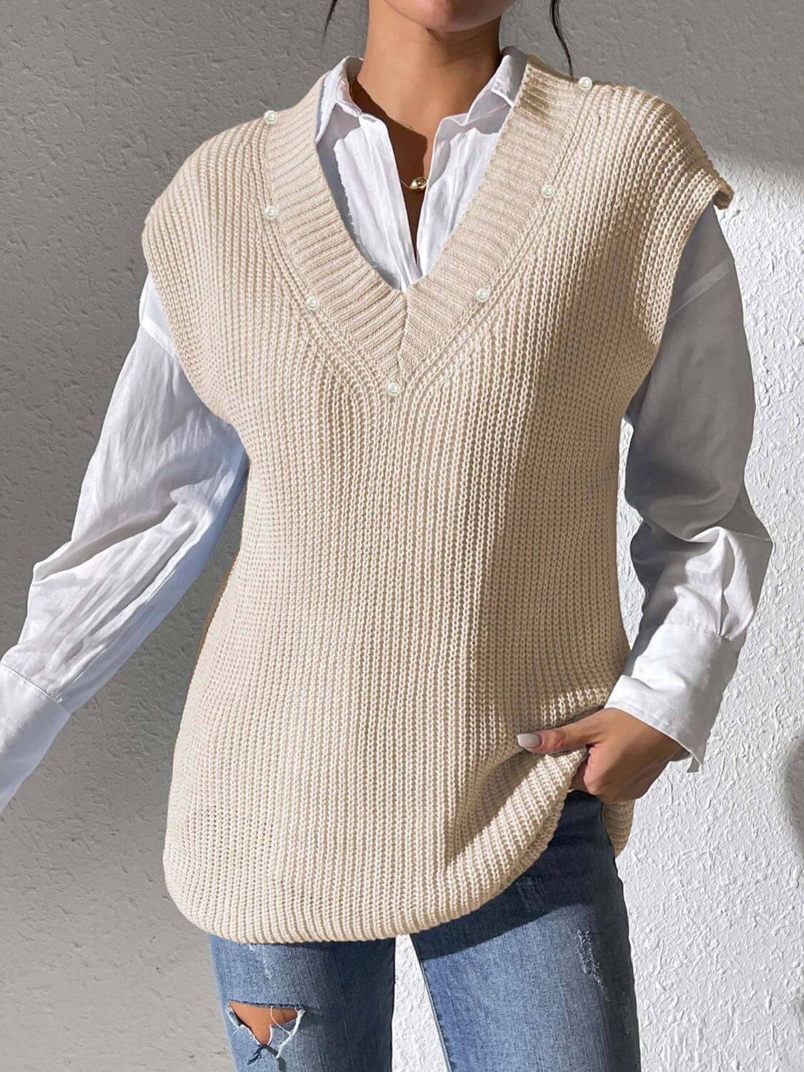 Pearl Trim V - Neck Sweater Vest - TayDiane