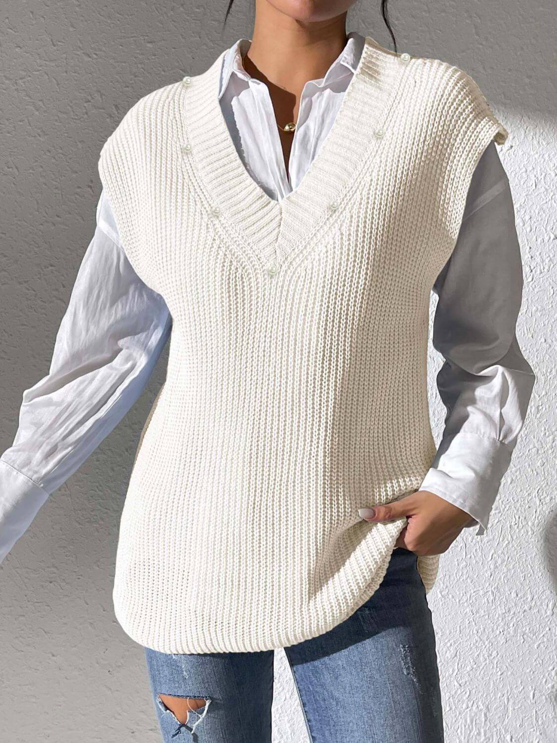 Pearl Trim V - Neck Sweater Vest - TayDiane