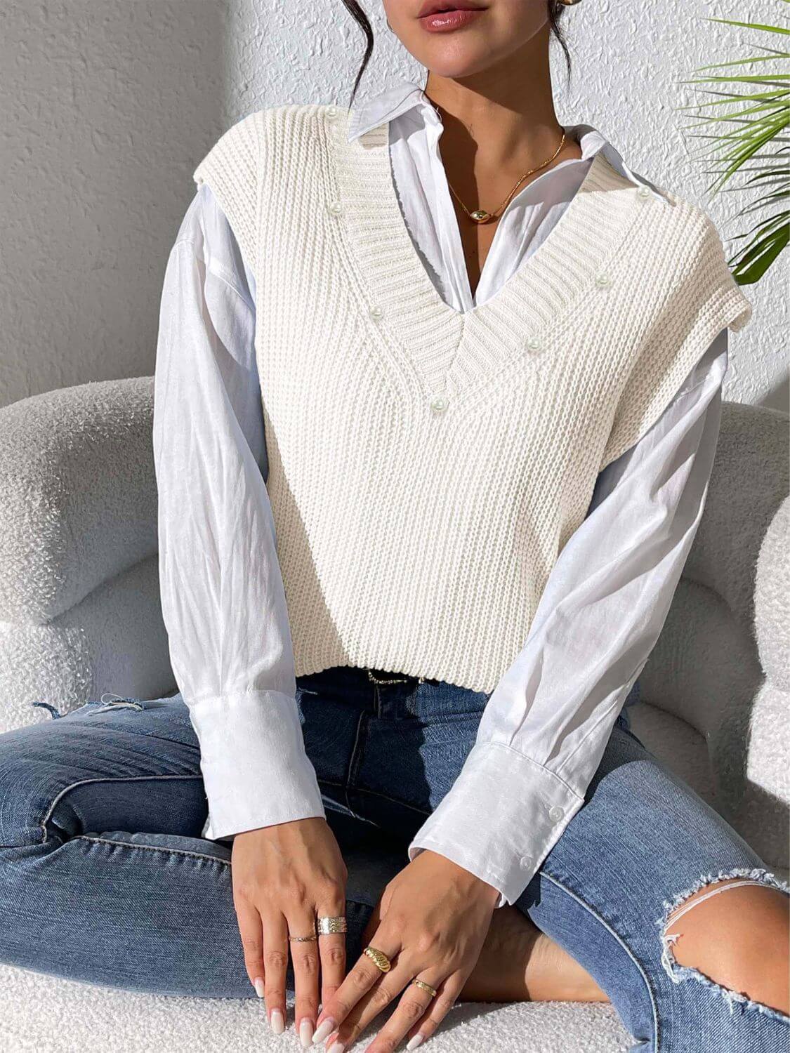 Pearl Trim V - Neck Sweater Vest - TayDiane