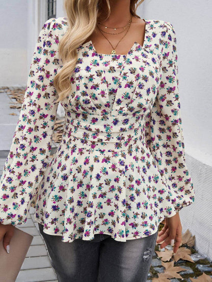 Peplum Floral Print Long Sleeve Blouse - TayDiane