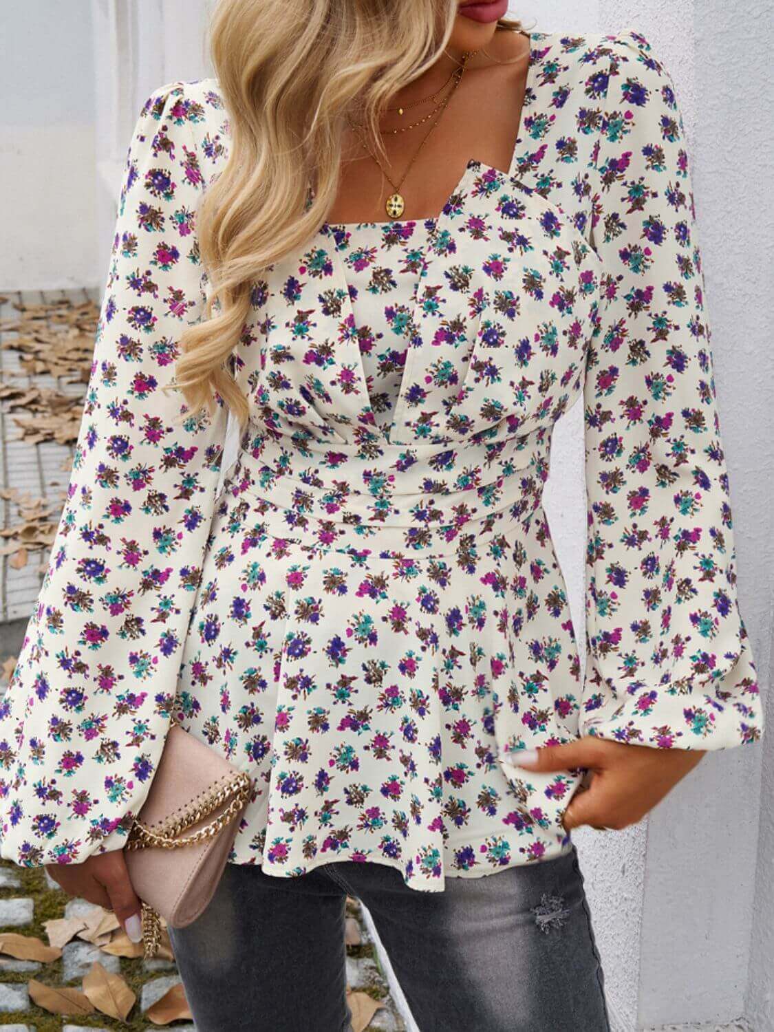 Peplum Floral Print Long Sleeve Blouse - TayDiane