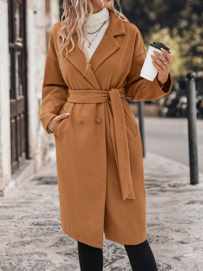 Perfee Dropped Shoulder Tie Waist Coat - TayDiane