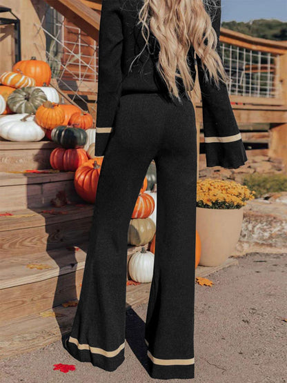 Perfee V - Neck Long Sleeve Top and Pants Set - TayDiane