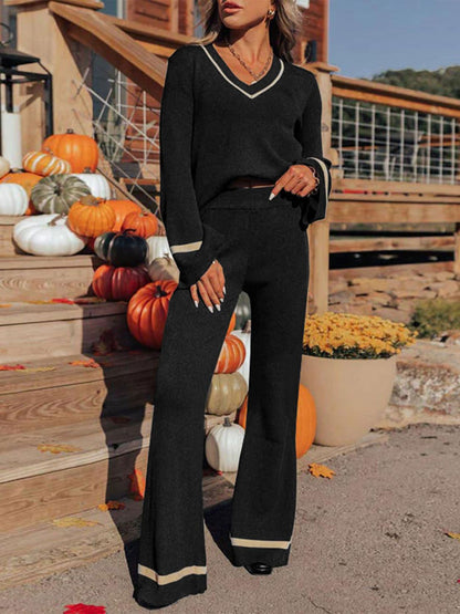 Perfee V - Neck Long Sleeve Top and Pants Set - TayDiane