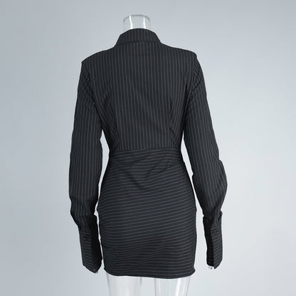 Pinstriped Long - Sleeved Shirt Dress - TayDiane