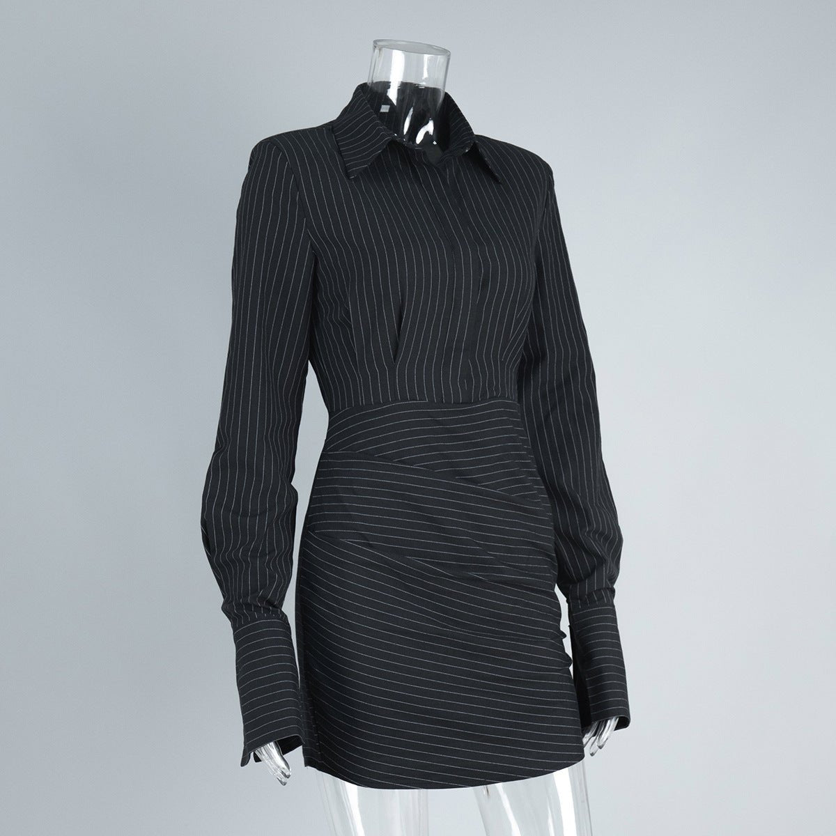 Pinstriped Long - Sleeved Shirt Dress - TayDiane