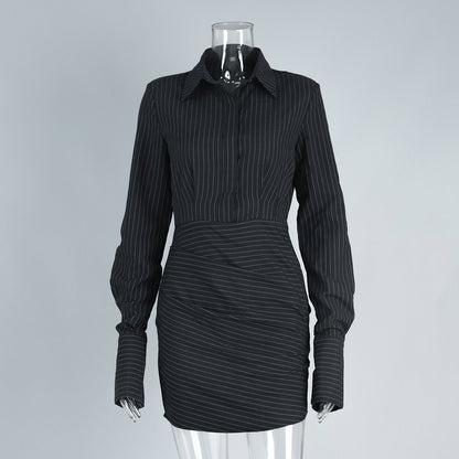 Pinstriped Long - Sleeved Shirt Dress - TayDiane